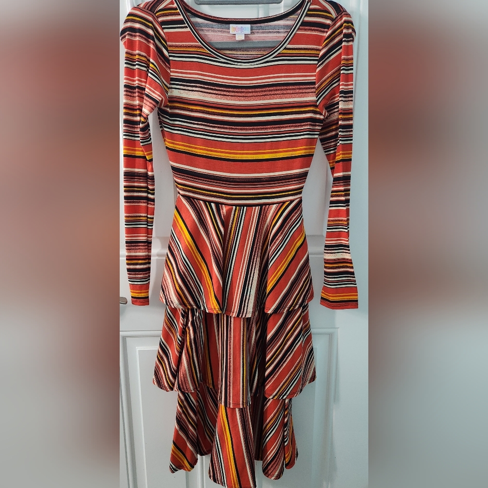 LuLaRoe EUC Striped Fall Halloween Georgia Ruffle Stretch Dress XXS Orange Black